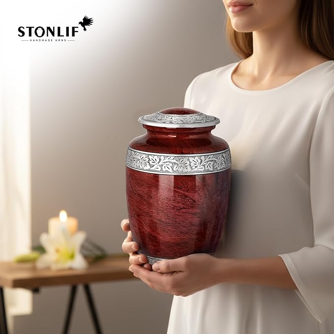 Red Marble Urn with Keepsakes – Large Aluminum Cremation Urn for Human Ashes