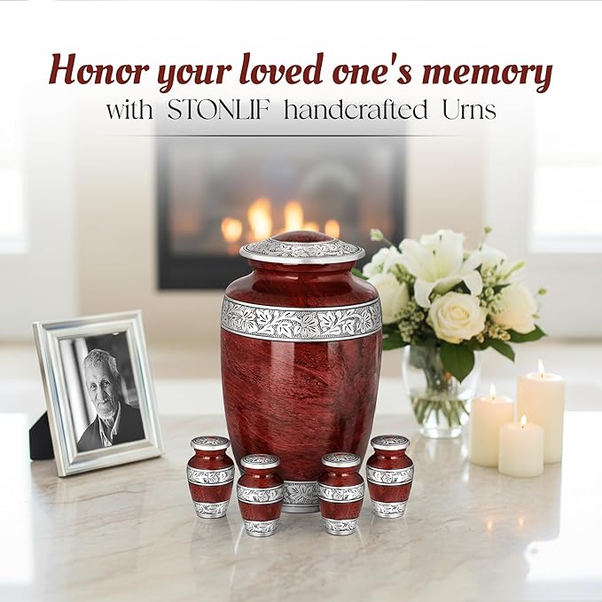 Red Marble Urn with Keepsakes – Large Aluminum Cremation Urn for Human Ashes