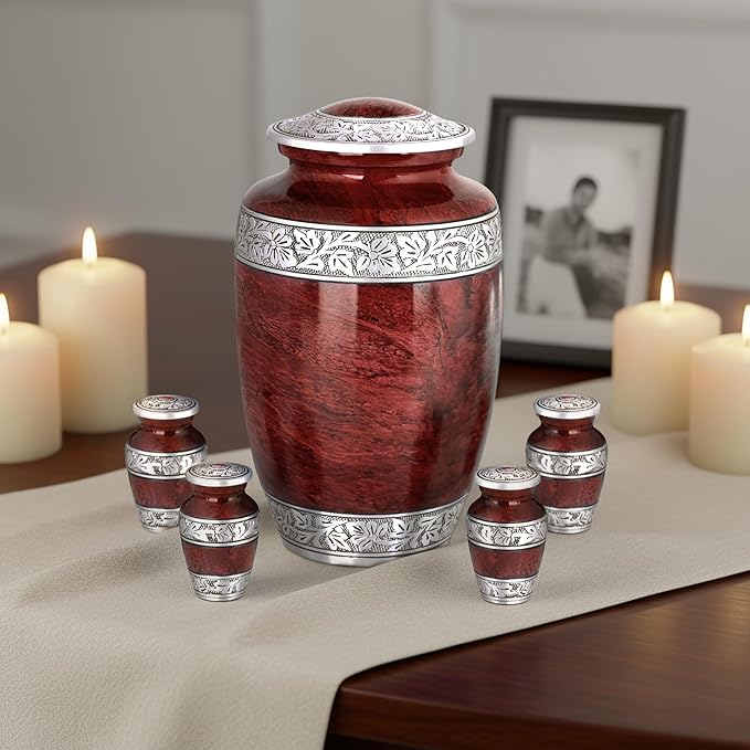 Red Marble Urn with Keepsakes – Large Aluminum Cremation Urn for Human Ashes