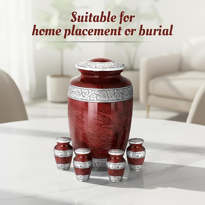 Red Marble Urn with Keepsakes – Large Aluminum Cremation Urn for Human Ashes