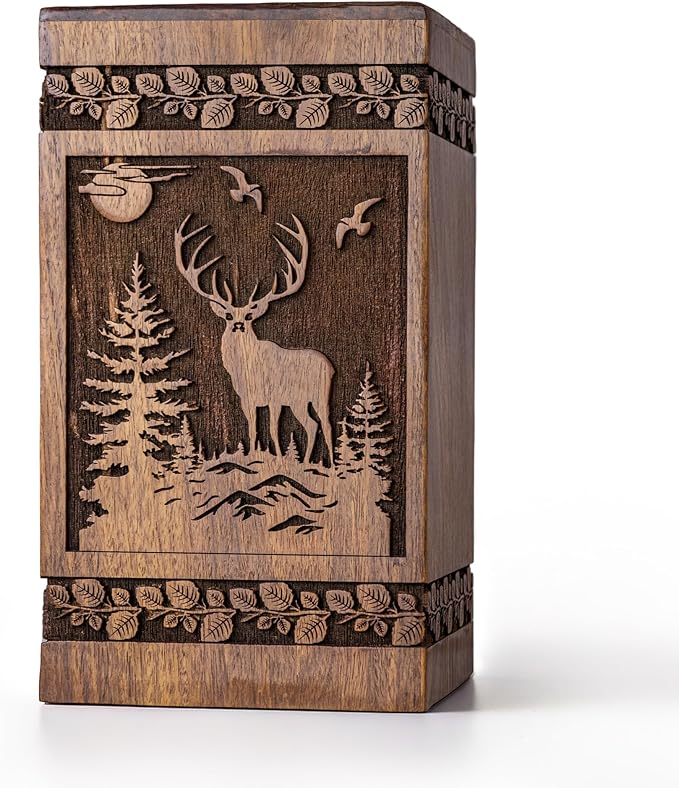 Small Wooden Cremation Urns for Human Ashes 120 lbs  - Deer