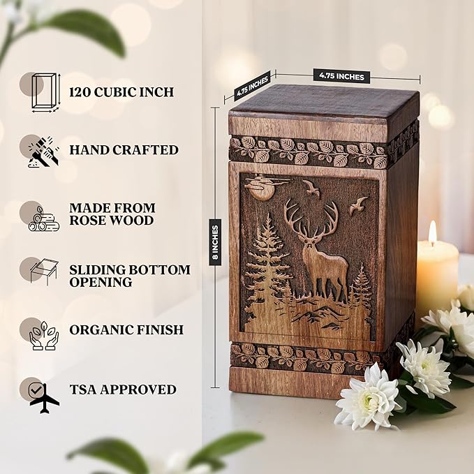 Small Wooden Cremation Urns for Human Ashes 120 lbs  - Deer