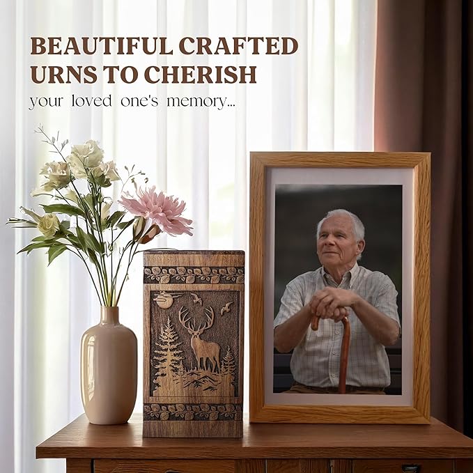 Small Wooden Cremation Urns for Human Ashes 120 lbs  - Deer